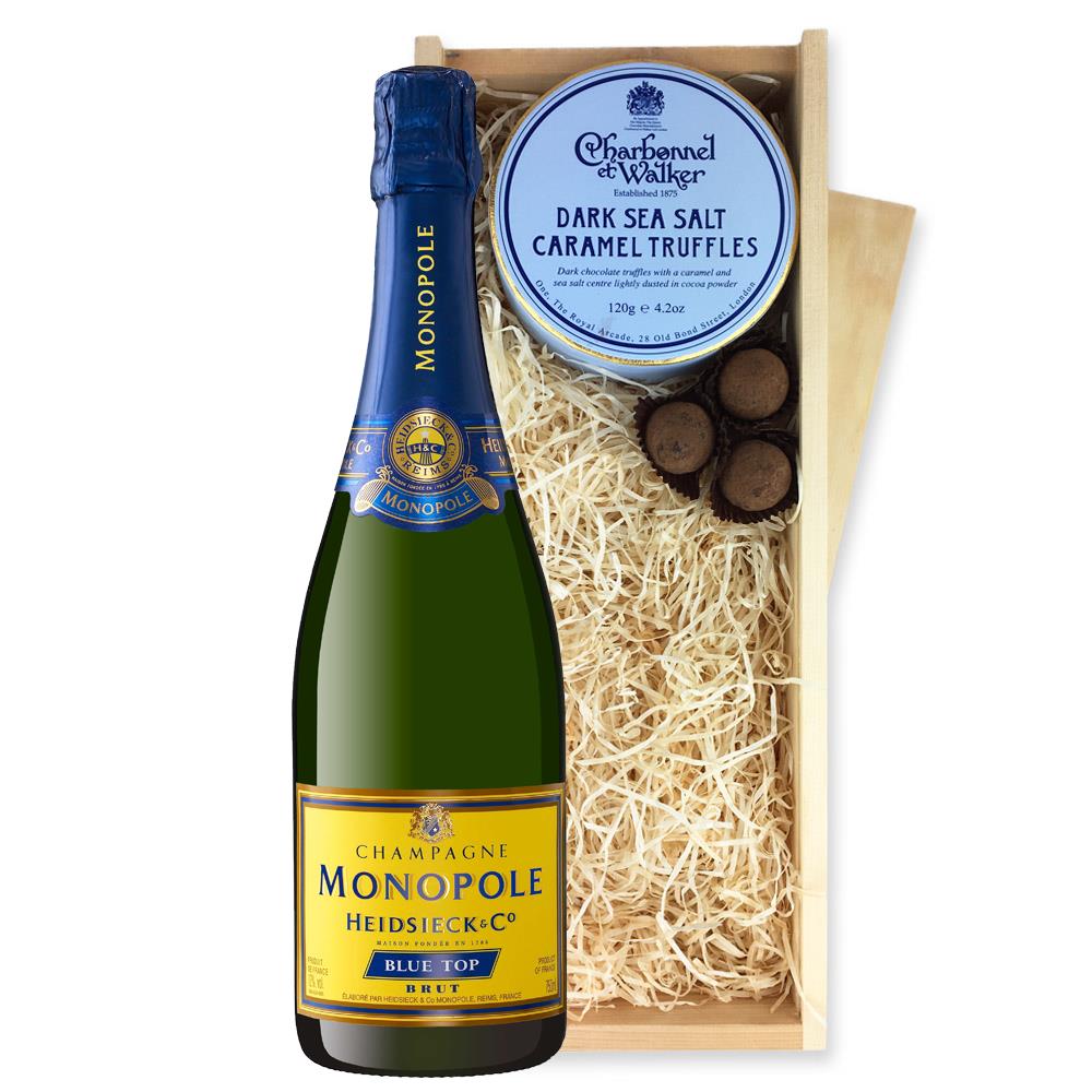 Monopole Blue Top Brut Champagne 75cl And Dark Caramel Sea Salt Charbonnel Chocolates Box